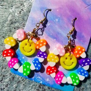 Mushroom smiley face hoop earrings beaded